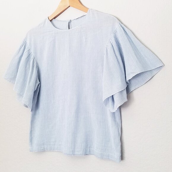 Pomandere Flutter Sleeve Top Blue Stripe 2 Cotton Hemp Blend Airy Lightweight - Picture 4 of 16